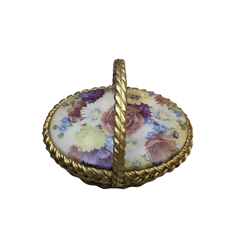 MAX FACTOR HYPNOTIQUE SOLID PERFUME COMPACT BASKET PORCELAIN FLOWERS  1960s